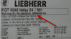 Typenschild Liebherr Gefriergerät